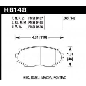 Колодки тормозные HB148E.560 HAWK Blue 9012 Mazda Miata MX-5 1.6L 14 mm