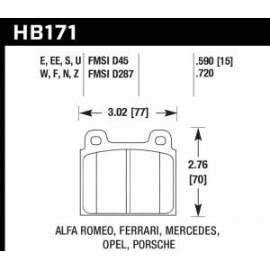 Колодки тормозные HB171E.590 HAWK Blue 9012 Porsche "A" or "S" Caliper 15 mm