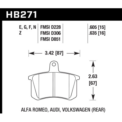 Колодки тормозные HB271G.635 HAWK DTC-60; Audi, Volkswagon (Rear) 16mm