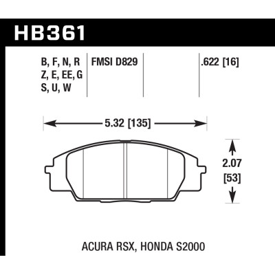 Колодки тормозные HB361EE.622 HAWK Blue 42; Honda S2000/Civic Type "R", Acura RSX 16mm