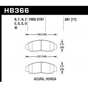 Колодки тормозные HB366E.681 HAWK Blue 9012 Acura/Honda 17 mm