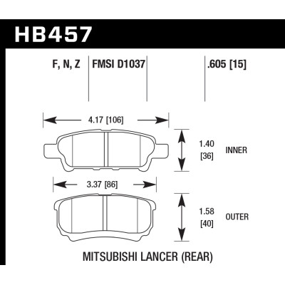 Колодки тормозные HB457F.605 HAWK HPS задние Mitsubishi Lancer 9, 10