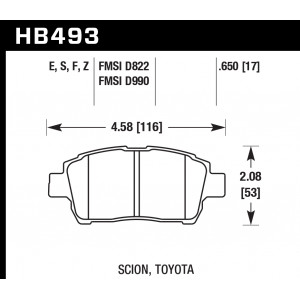 Колодки тормозные HB493E.650 HAWK Blue 9012 Scion, Toyota 17 mm