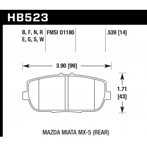 Колодки тормозные HB523S.539 HAWK HT-10 Mazda Miata MX-5 (Rear) 14 mm