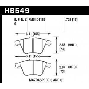 Колодки тормозные HB549F.702 HAWK HPS передние MAZDA 3 MPS, 6 MPS / FORD Focus 2 ST / OPEL VECTRA 2,