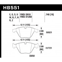 Колодки тормозные HB551B.748 HAWK Street 5.0 передние BMW 3 (E90,91,92) 335i, M3 E90, 5 E60, 6 E63,