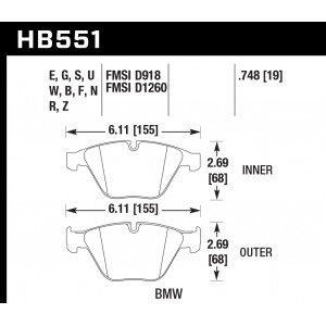 Колодки тормозные HB551F.748 HAWK HPS передние BMW 3 (E90,91,92) 335i, M3 E90, 5 E60, 6 E63, 7 E65