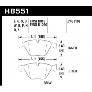 Колодки тормозные HB551G.748 HAWK DTC-60; BMW 19mm