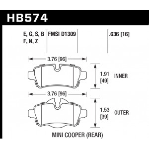 Колодки тормозные HB574E.636 HAWK Blue 9012 Mini Cooper (Rear) 16 mm