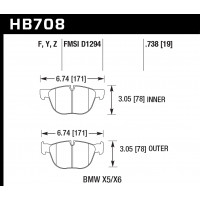 Колодки тормозные HB708Y.738 HAWK LTS; 19mm передние BMW X5, X6