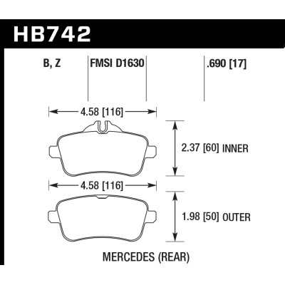 Колодки тормозные HB742Z.690 HAWK PC; зад MB A W176 45AMG; CLA C117 45AMG; SLK R172 55AMG;