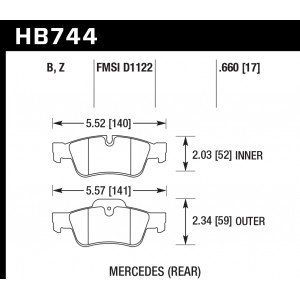 Колодки тормозные HB744Z.660 HAWK PC; 17mm зад MB M W164; R W251; G W463; GL X164;