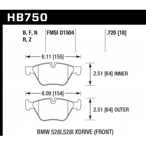 Колодки тормозные HB750B.720 HAWK HPS 5.0 BMW 5 F10; 5 F11; 5 F18; 18mm