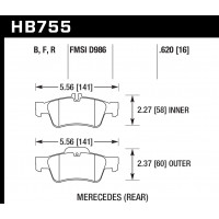 Колодки тормозные HB755F.620 HAWK HPS; 16mm задн MB CLS C218; C219; E W212;