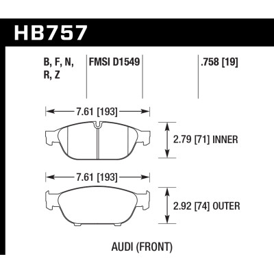 Колодки тормозные HB757F.758 HAWK HPS перед Audi A6 4G2, C7, 4GC; A7 4GA, 4GF; Allroad 4GH;