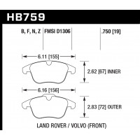 Колодки тормозные HB759Z.750 HAWK PC; перед Range Rover EVOQUE; FREELANDER MK2; XC70; V70 19mm